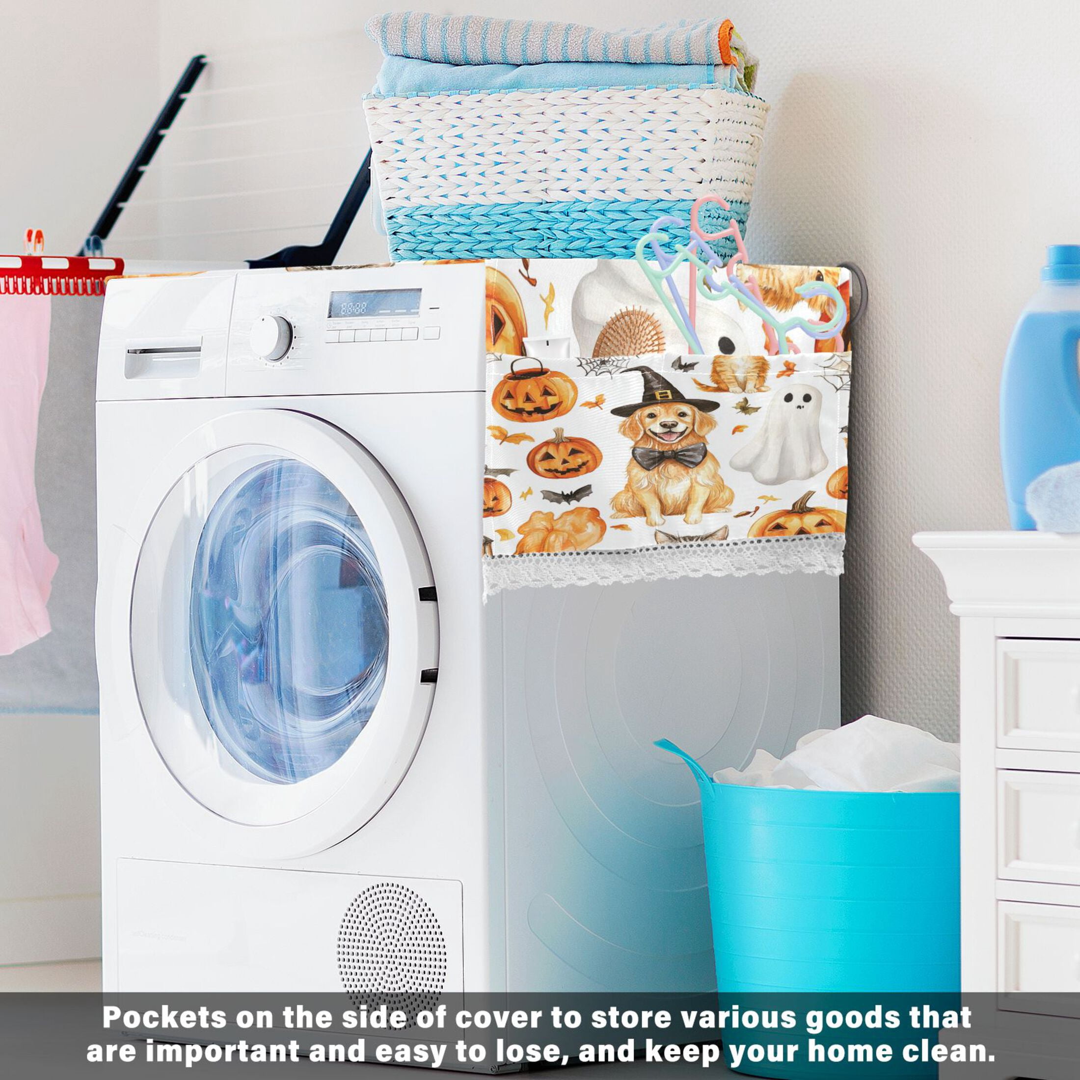 Halloween DogWasher and Dryer Covers Dust-Proof and Oil Resistant Fridge Cover with 4 Storage Pockets Washing Machine Top Cover for Laundry Kitchen Home 51.2 x 22 In