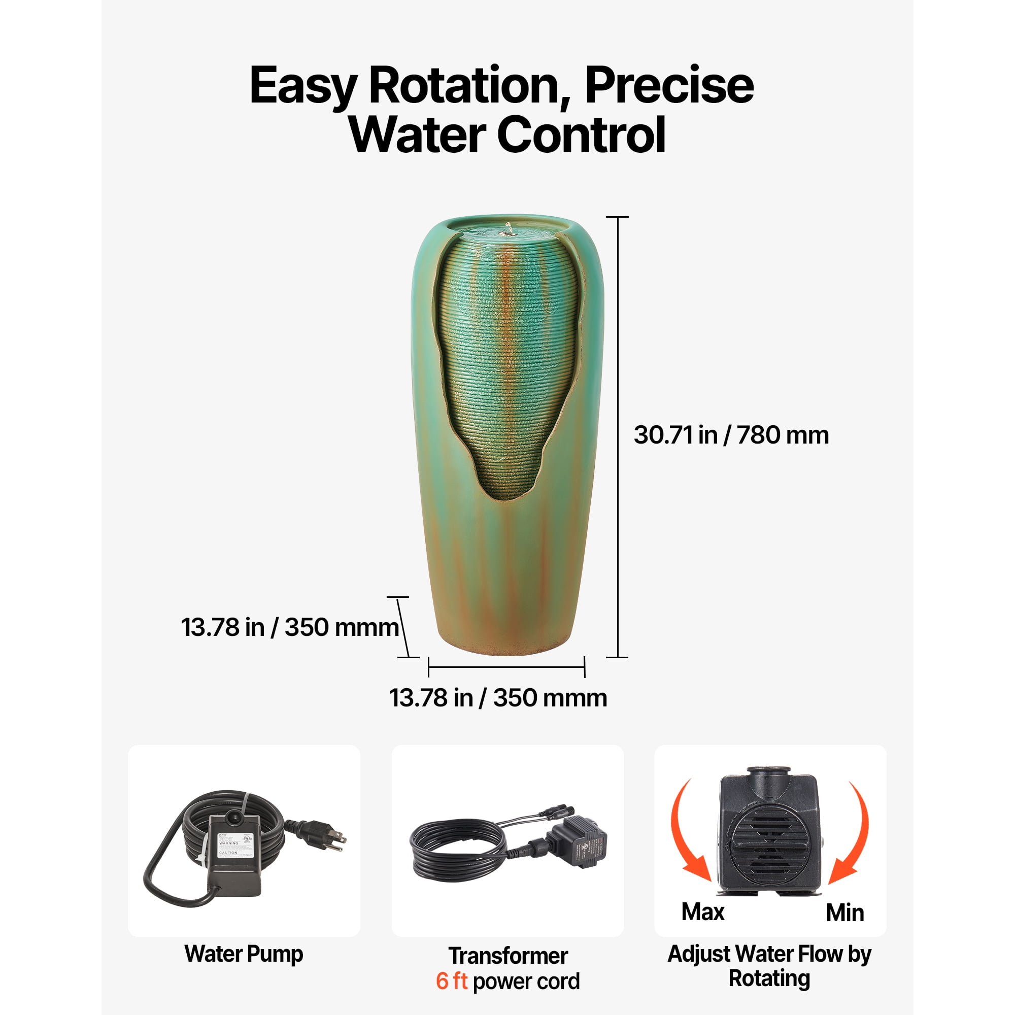 KFFKFF Outdoor Water Fountain, 30.71-Inch Tall Glazed Jar-Style with LED Light and Pump, 1-Tier Floor Standing Design for Garden, Patio, Yard, Home, and Indoor Spaces (Green)