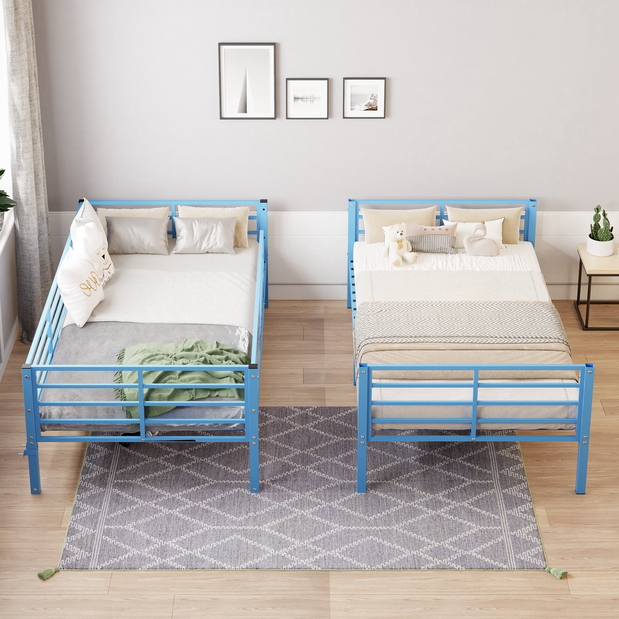 Convertible Metal Bunk Bed Separates into 2 Full Size Beds, Heavy Duty Frame with Full-Length Guardrail and Ladder, No Box Spring Needed, Blue