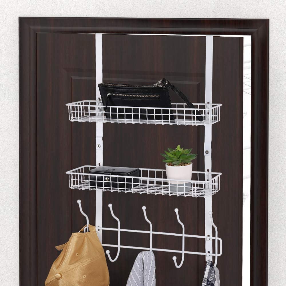 Over The Door Basket Hook Organizer 5 Hooks with 2 Basket Storage Rack for Towel 