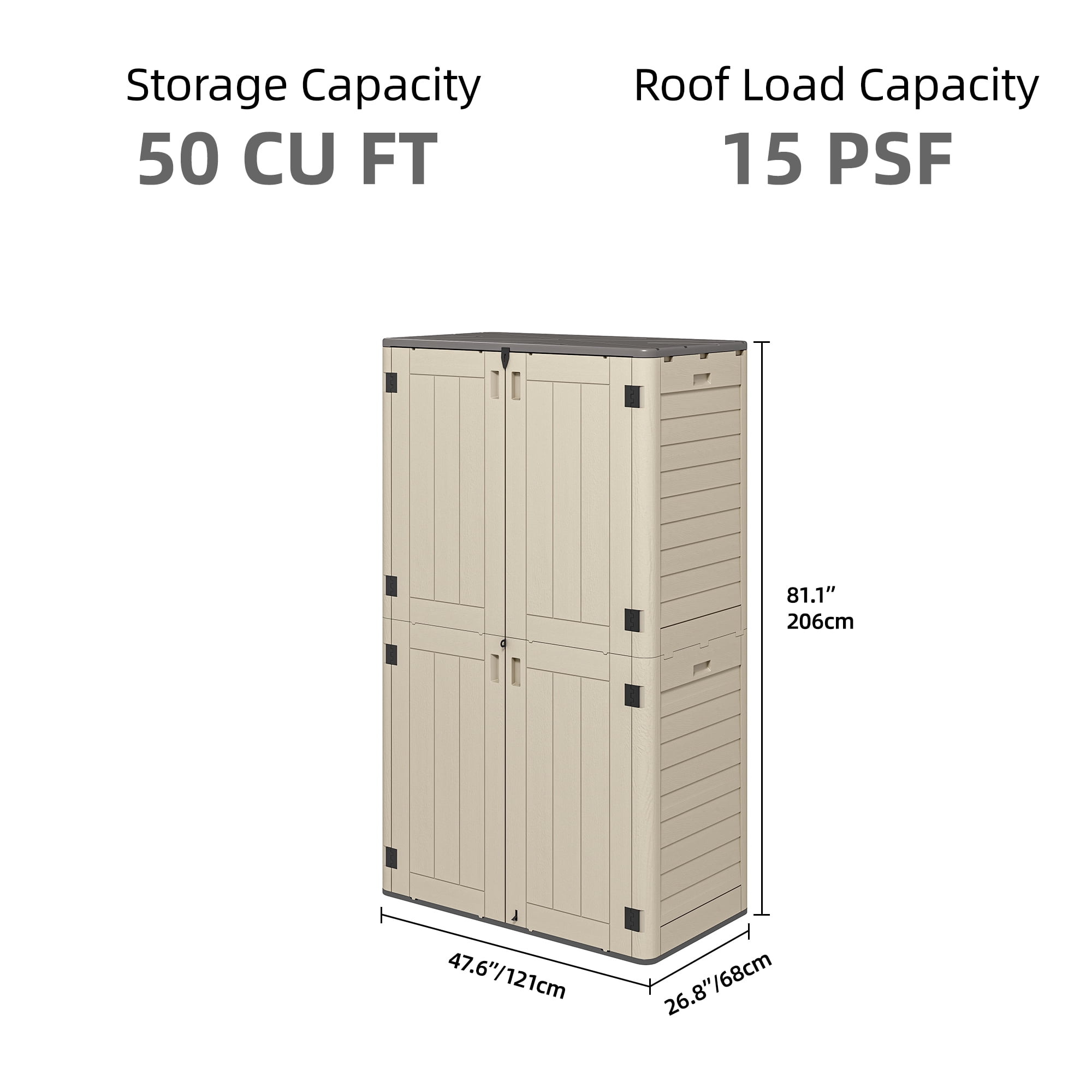 Dextrus Vertical Resin Outdoor Storage, 50 cubic feet without Shelving for Garden Garage Poolside, Locking Capability, Khaki