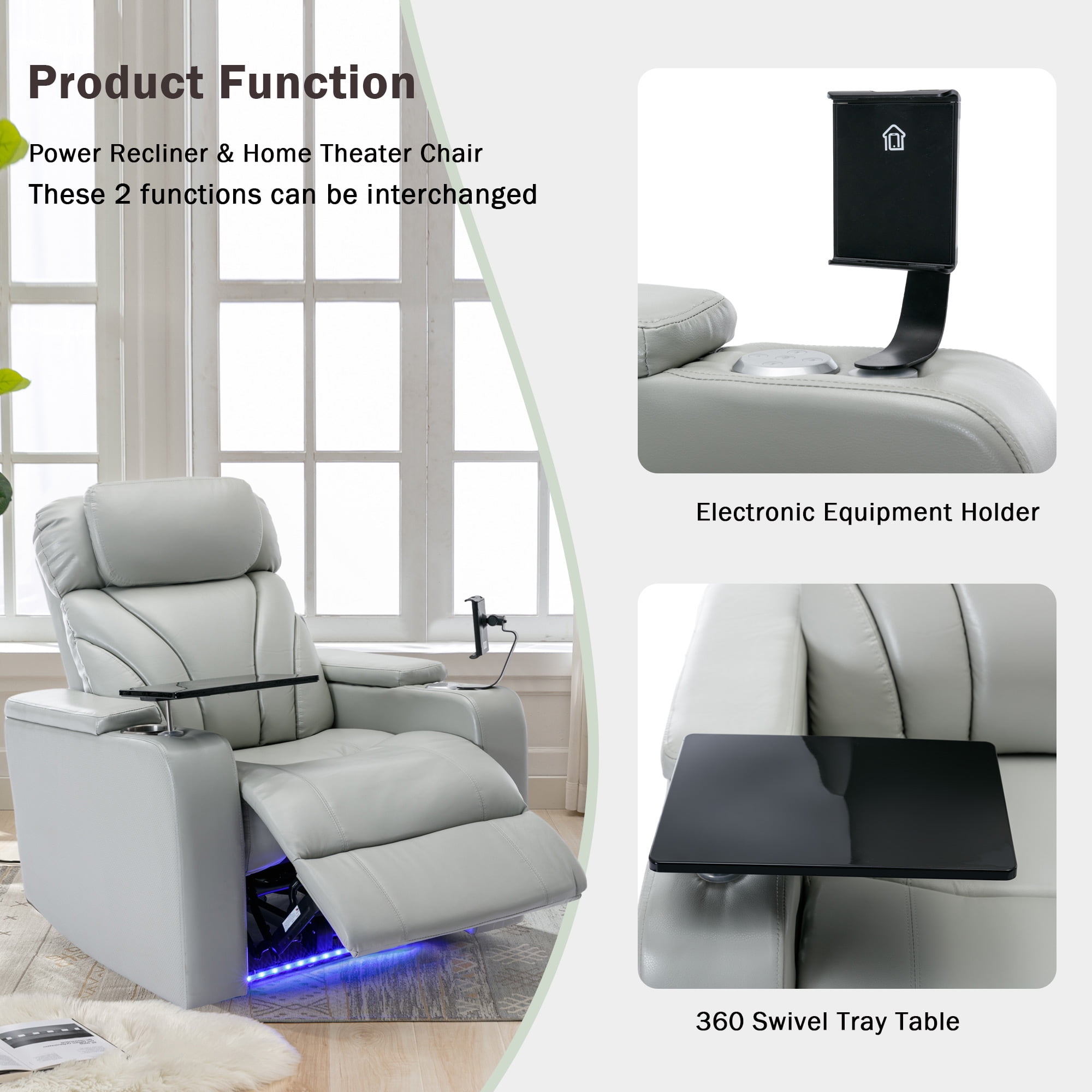 Harper & Bright Designs Electric Power Motion Recliner Chair with USB Charging & Bluetooth Speaker, Recliner w/ Hidden Storage, Cup Holders, Home Theater Living Room Chair, Light gray