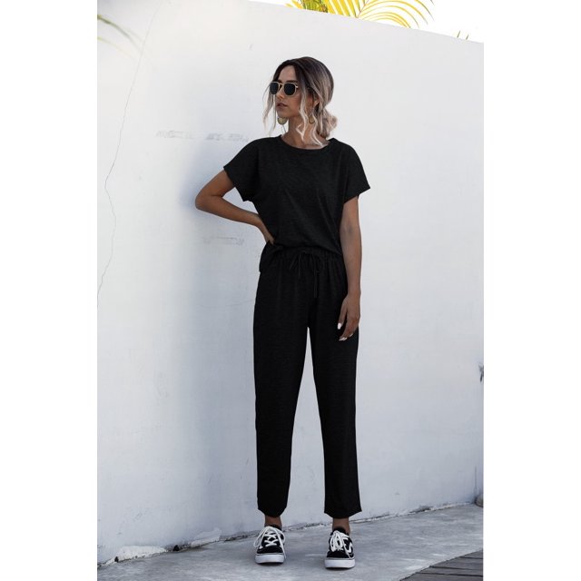 Nouveaux Ensembles Assortis pour Femmes Pantalons Longs Design Original Décontracté Col Rond Vêtements Couleur Unie