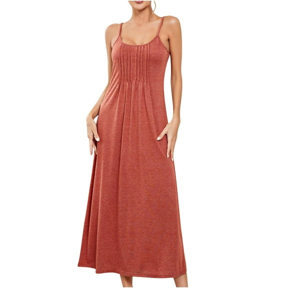 Jgppe Long Nightgowns for Women Spaghetti Strap Sleeveless Nightdress Pleated Cami Sleep Dress