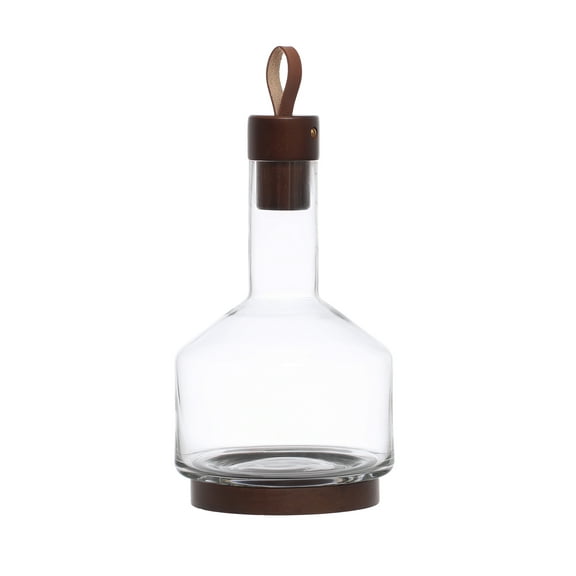 Bloomingville 10.5 Inches 62-Ounce Glass Carafe with Acacia Wood Base, Stopper and Leather Pull, Walnut Finish