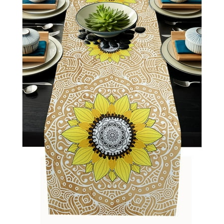 

Sunflower And Mandala Khaki Table Runner Cotton Linen Kitchen Dining Table Decor for Home Wedding Party Decor Tablecloth