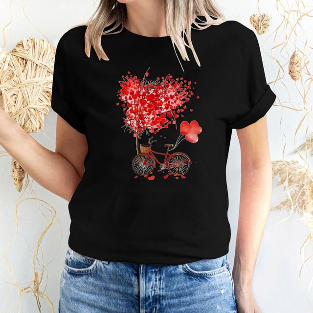 T-shirt à Manches Courtes Imprimé Amour de la Saint-Valentin pour Femmes, Col Rond