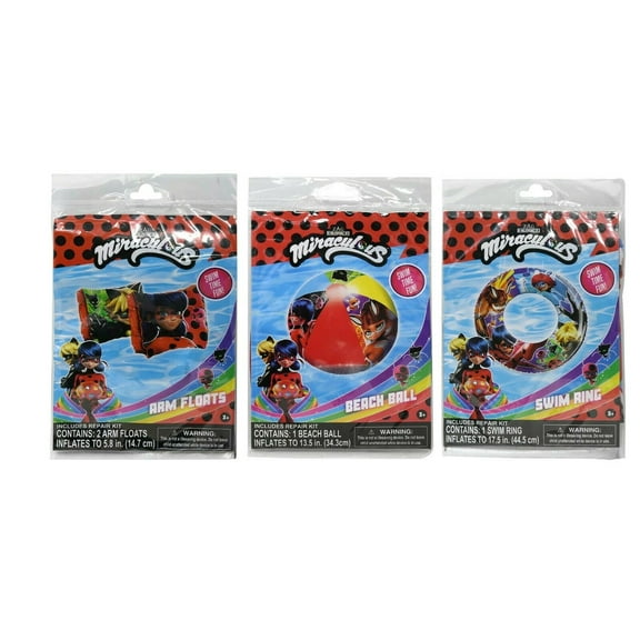 Miraculous Ladybug 3 pc Swim Set- Arm Floats, Beach Ball & Swim Ring