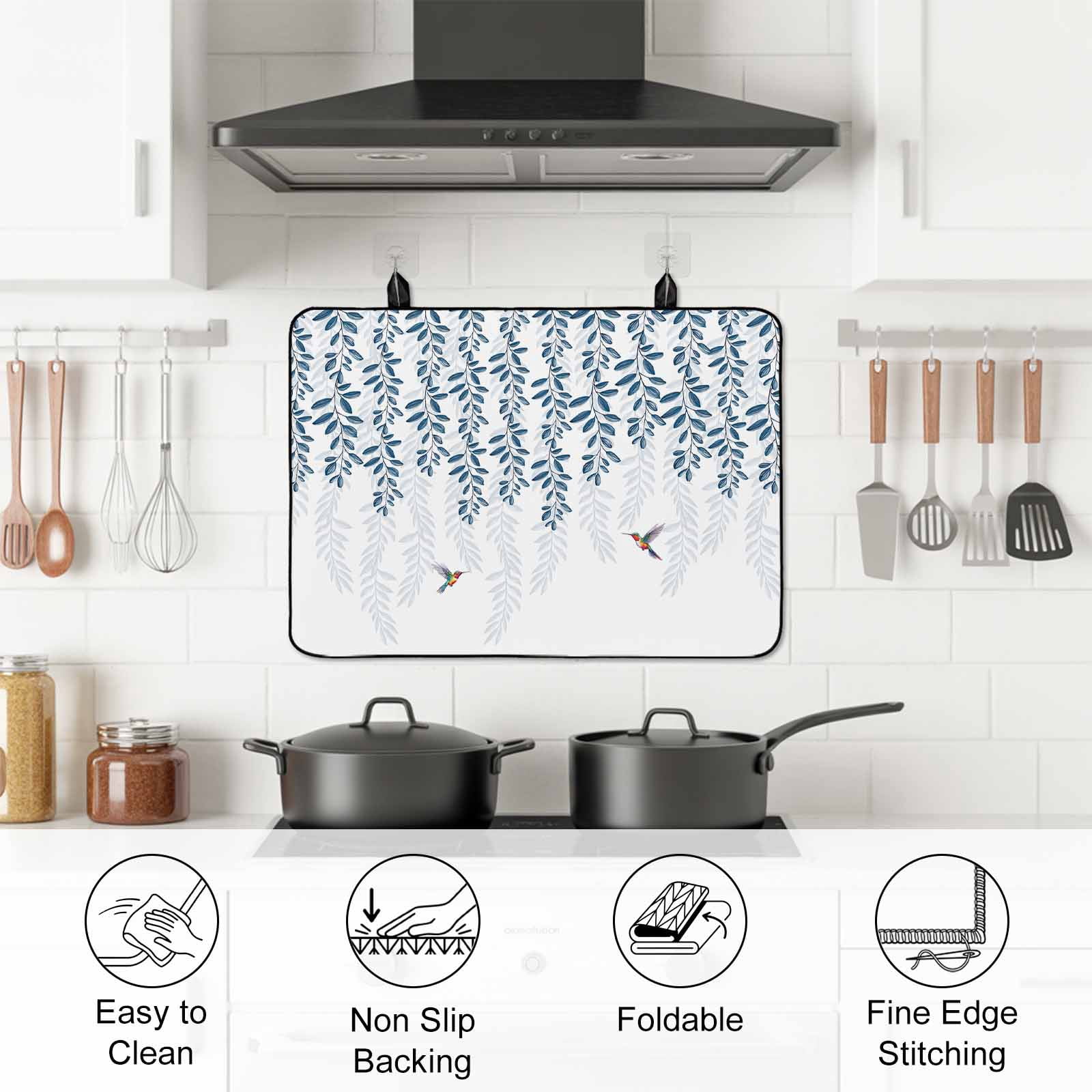 Blue Botanical Stove Top Cover for Electric Stove, Heat-proof & Non Slip Glass Top Stove Cover Protector, Pastoral Spring Floral Summer Birds Kitchen Flat Cooktop Rubber Mat 31x24 Inches