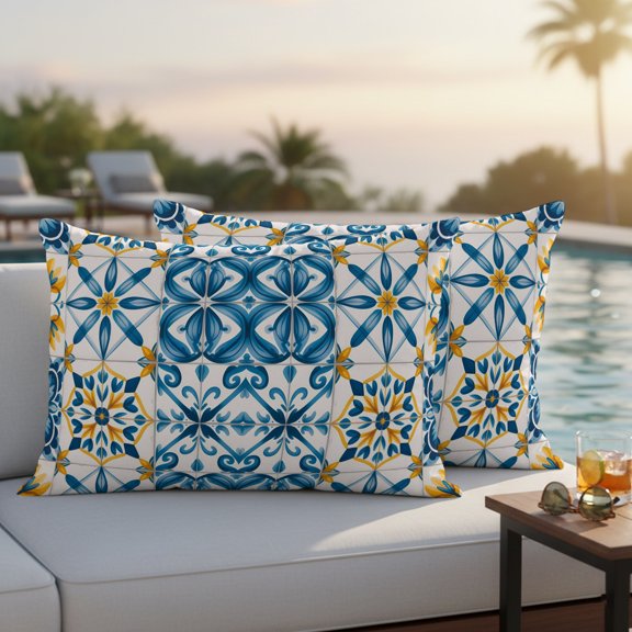 Blue Yellow Boho Outdoor Waterproof Throw Pillow Covers Set of 2, 20"x12", Geometric Floral Traditional Spanish Style Decorative Pillow Covers Outside Cushion Case for Patio Porch Garden