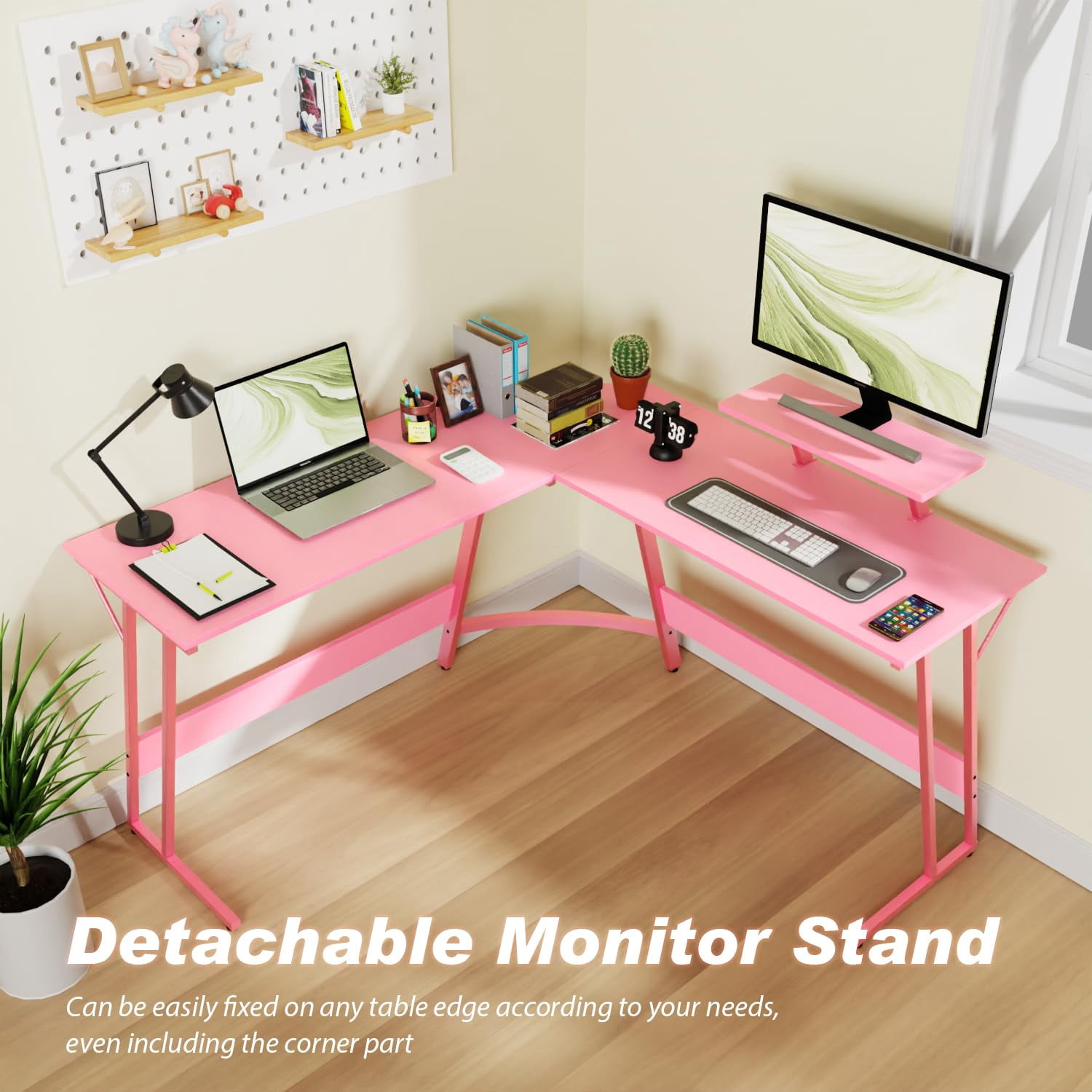 YRLLENSDAN L Shape Gaming Desk Table, 50 Inch Corner PC Gaming Desk with Monitor Stand, L-Shaped Computer Desk Table, Gamer Work Desk for Home Office, Pink