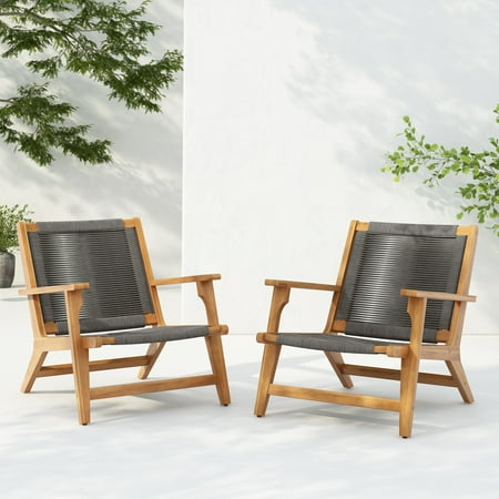 Christopher Knight Home Patio Lounge Chairs with Wood Frame and Handwoven Rope Seat, Dark Grey, Set of 2