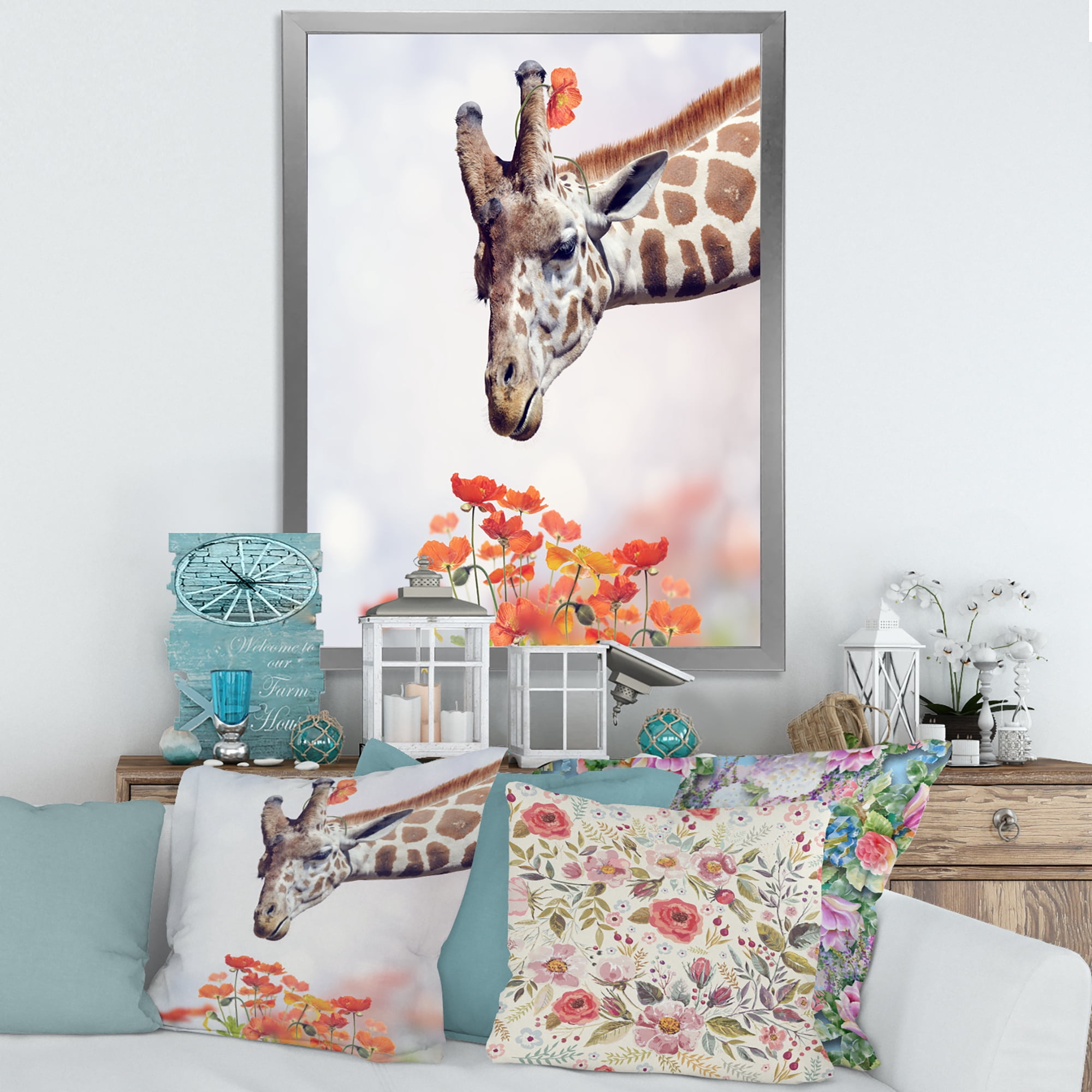 Designart 'Portrait of A Giraffe With Orange Flowers' Farmhouse Framed Art Print