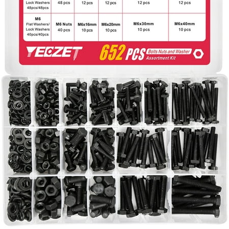 

YEEZET 652PCS M4 M5 M6 Screws Heavy Duty Bolts and Nuts Assortment Kit Alloy Steel Grade 8.8 Bolt Nuts Washers 13 Sizes 163 Set