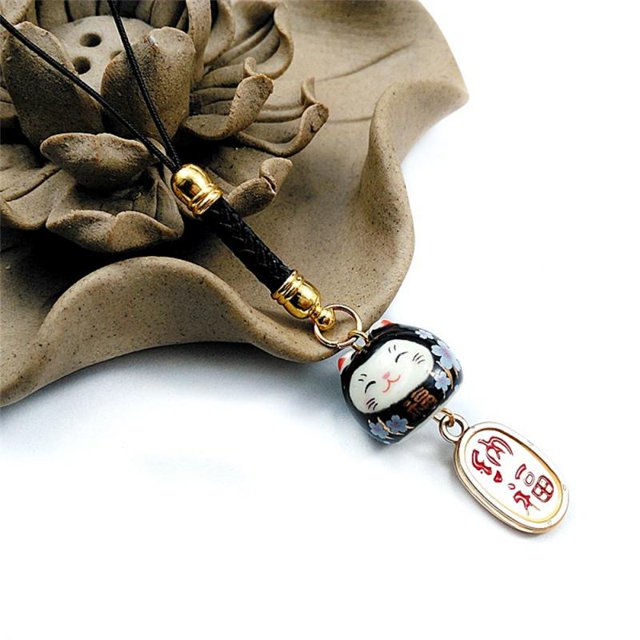 Mobile Phone Pendant Keychain Lucky Cat Bag Phone Charm Ceramic Phone Chain for U Disk Firmware Black Lucky Cat