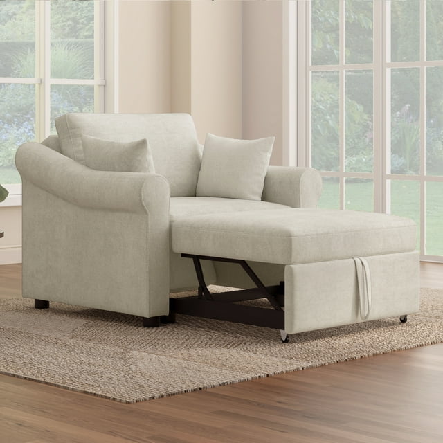 Noble House Chenille Convertible Sleeper Chair with Adjustable Backrest,Beige