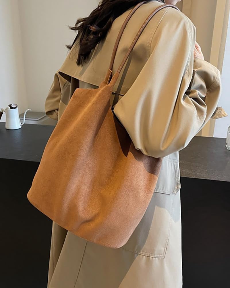 Zhengup Womens Soft Suede Tote Bag Faux Leather Handbag Large Vintage Top Handle Bag Bucket Shoulder Satchel 2pcs Purse
