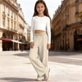 thumbnail image 2 of Weebloom Wide Leg Pants For Girls Stretch Soft Casual Pants Elastic Waistband Playwear For Toddlers And Kids Trousers Beige 9-10 Years, 2 of 4