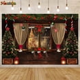 thumbnail image 1 of Mocsicka-telón de fondo para fotografía, pared de madera, ventana, árbol de Navidad, corona, cortinas doradas, retrato familiar de Navidad, 1 of 3