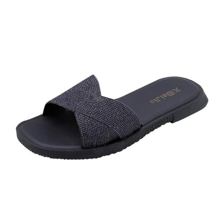 

Follure Girl women s casual shoes Summer Women s Plus Size Slippers Sequins Rhinestone Flat Open Toe Sandals Black 40