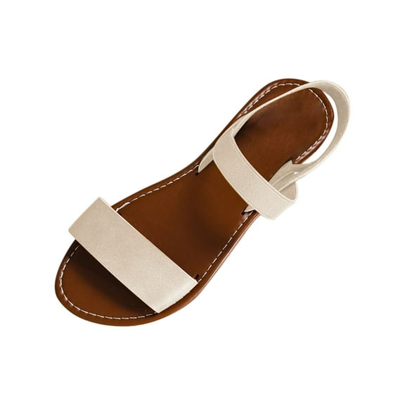 Beige Ladies Round Toe Roman Flat Sandals With Slip On Design Great For Spring Summer Beach Outings And Casual Use