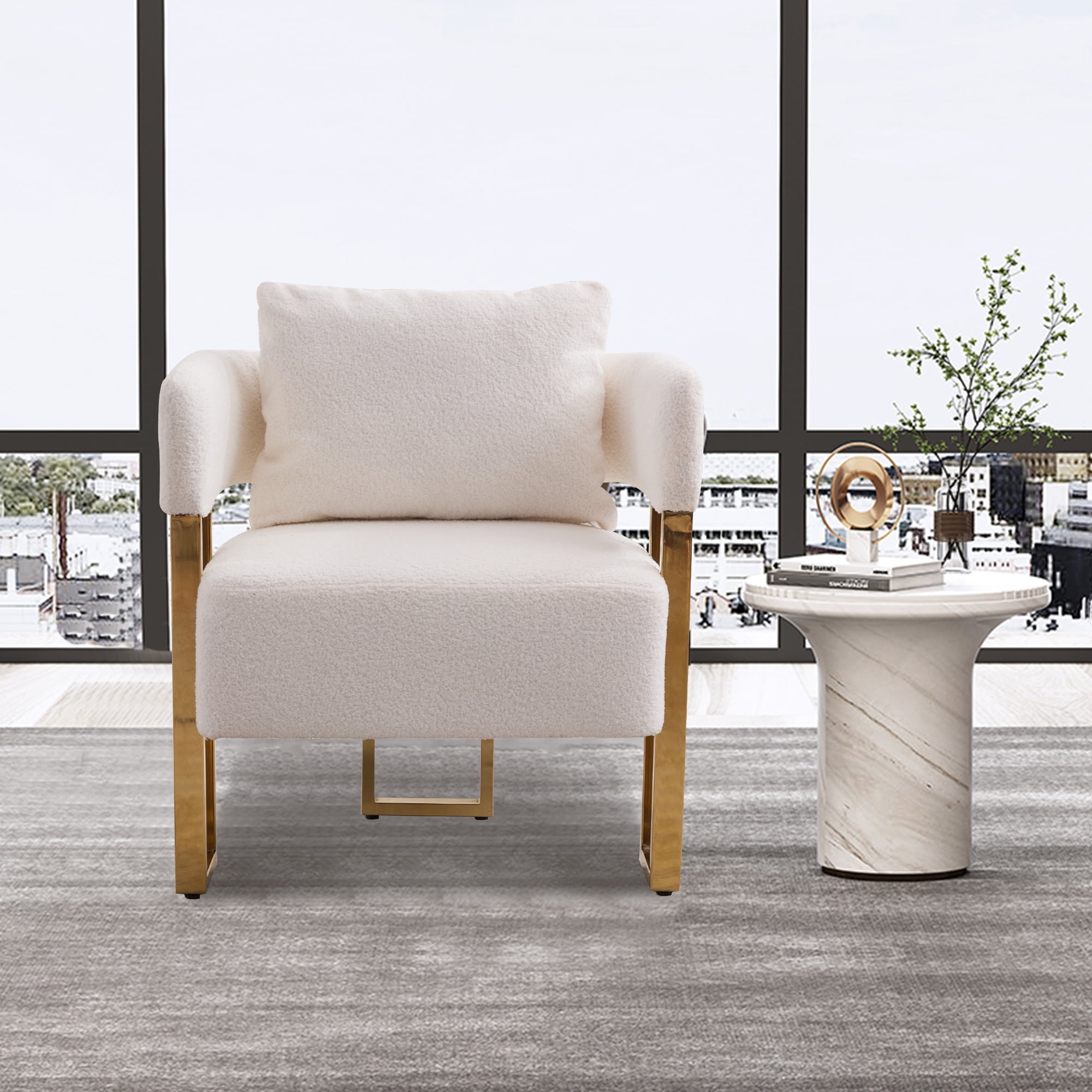 Leumius Teddy Accent Chairs Set of 2,Morden Upholstered Armchair Dining Side Chairs with Gold Metal Legs for Dining Kitchen Living Room,White