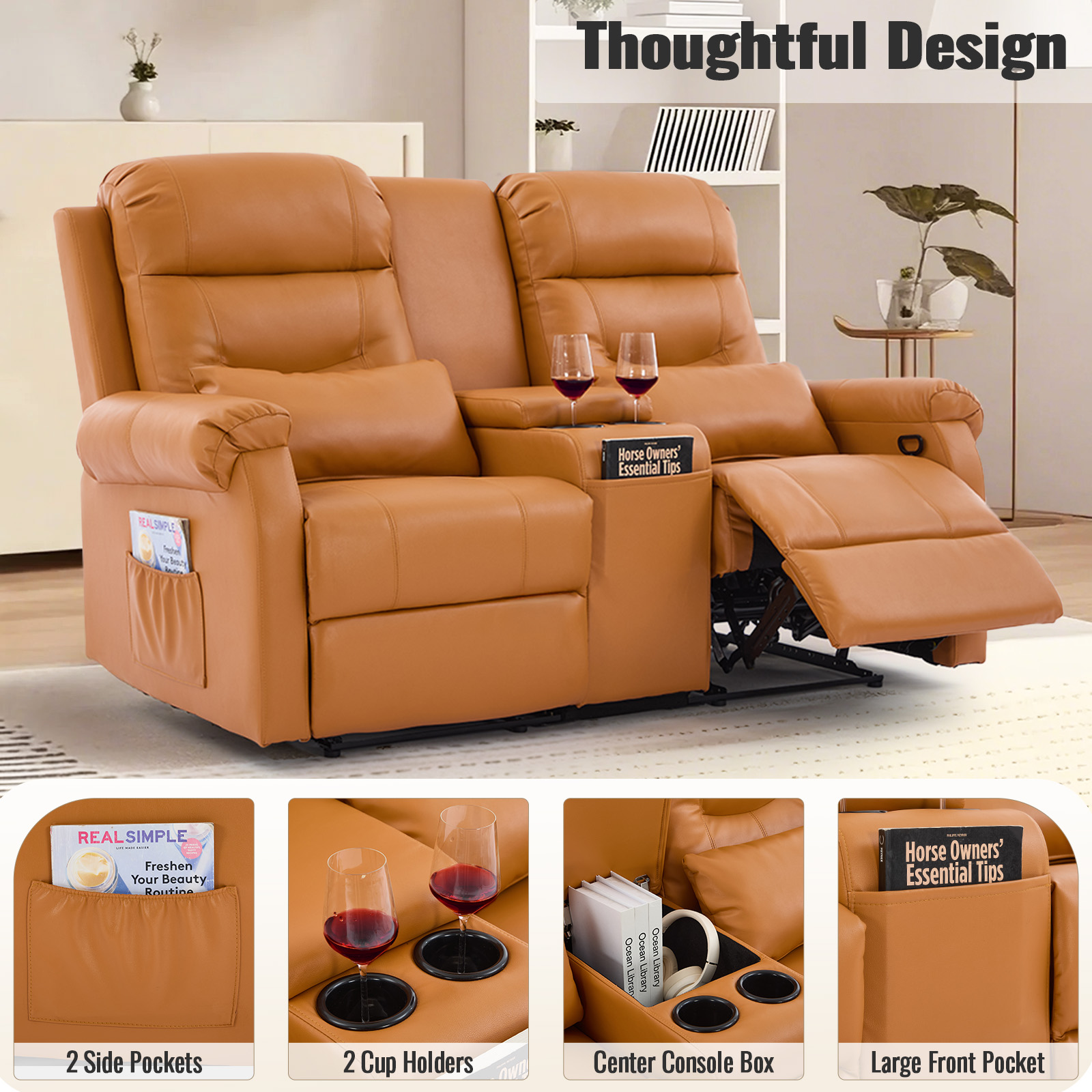 IPKIG Faux Leather Manual Reclining Loveseat with Console and Cup Holders, Orange