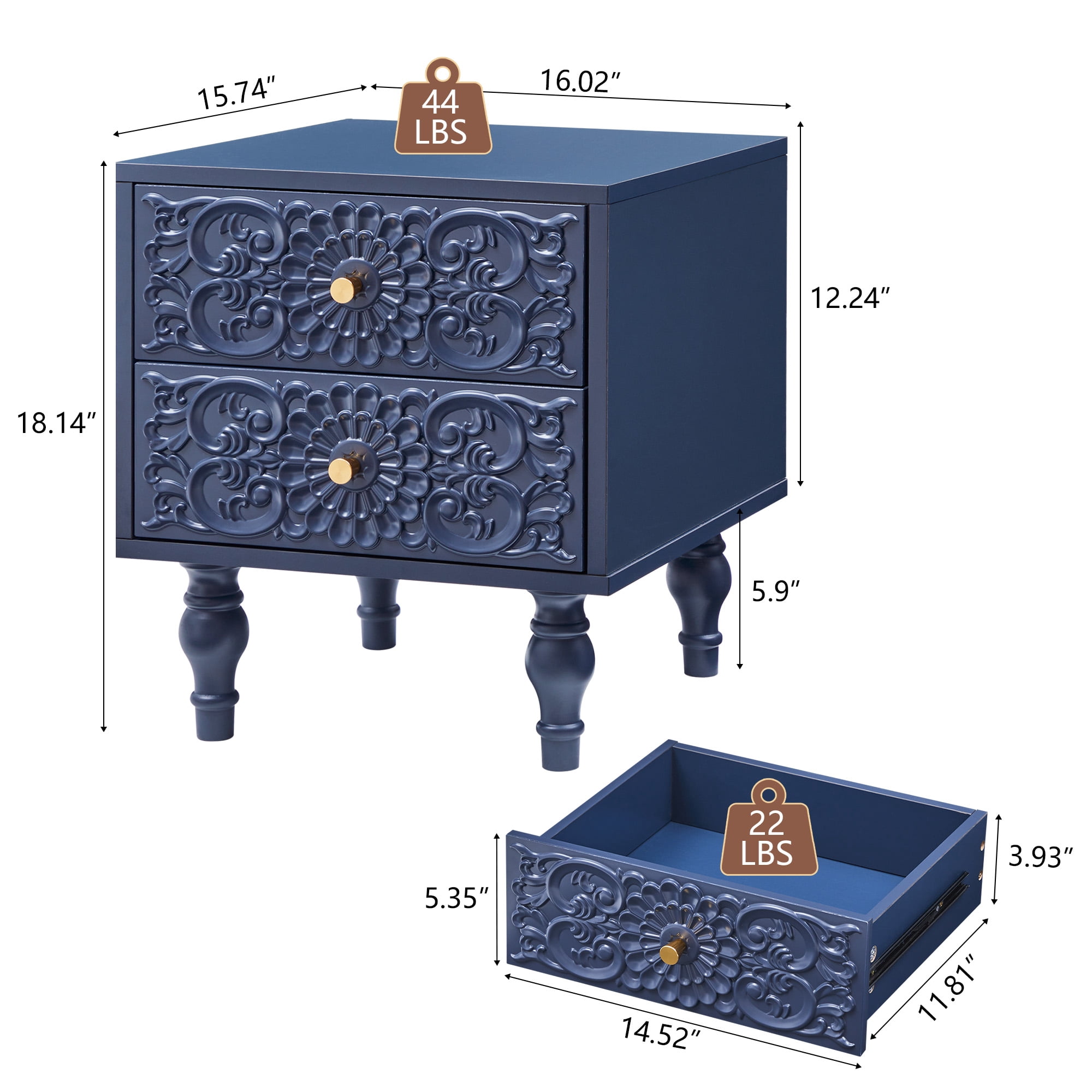Wirrytor Vintage Short Nightstand Set of 2 with 2 Drawers, Bedside Table 2 Drawer Dresser with Embossed Pattern, Storage End Table with Wooden Legs for Bedroom & Living Room,Blue