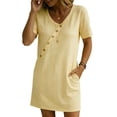 thumbnail image 2 of MOJOGO Women's Cotton Linen Blend Dress V Neck Short Sleeve Shift Mini Dress Summer Casual Vacation Sundress with Pockets Yellow L, 2 of 7