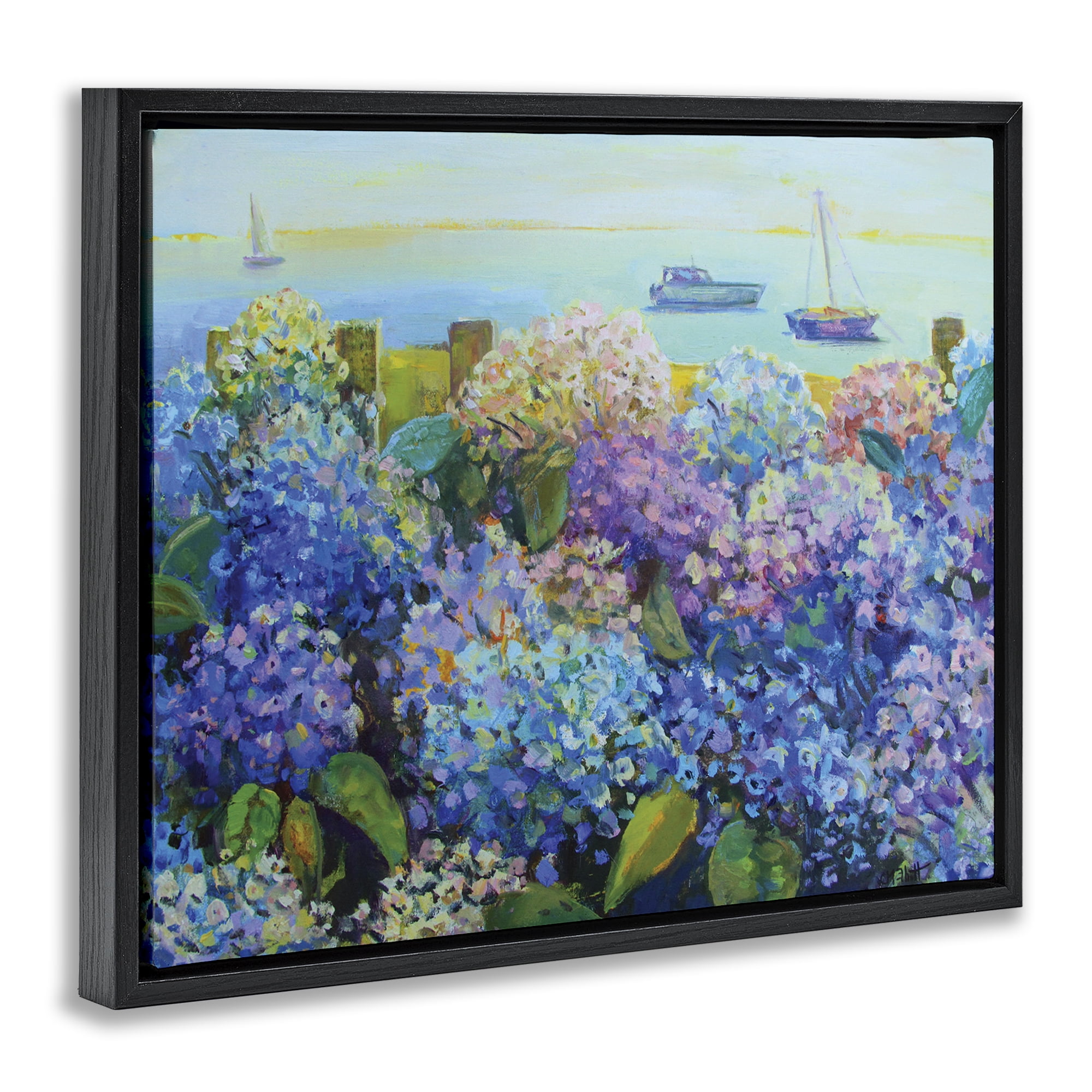 Stupell Industries Hydrangea By The Sea Landscape Painting Black Floater Framed Art Print Wall Art, 31 x 25