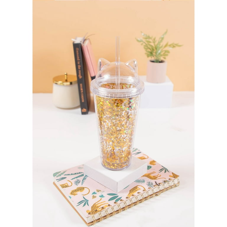 Glitter Cat Water Bottle - 5 Colors - Freefalling Design - Reuseable  Plastic Cup w/ Dome Lid and Straw - 300ml Size - Order Includes 1 Bottle -  Glitter Water Bottle Collection (Gold) 