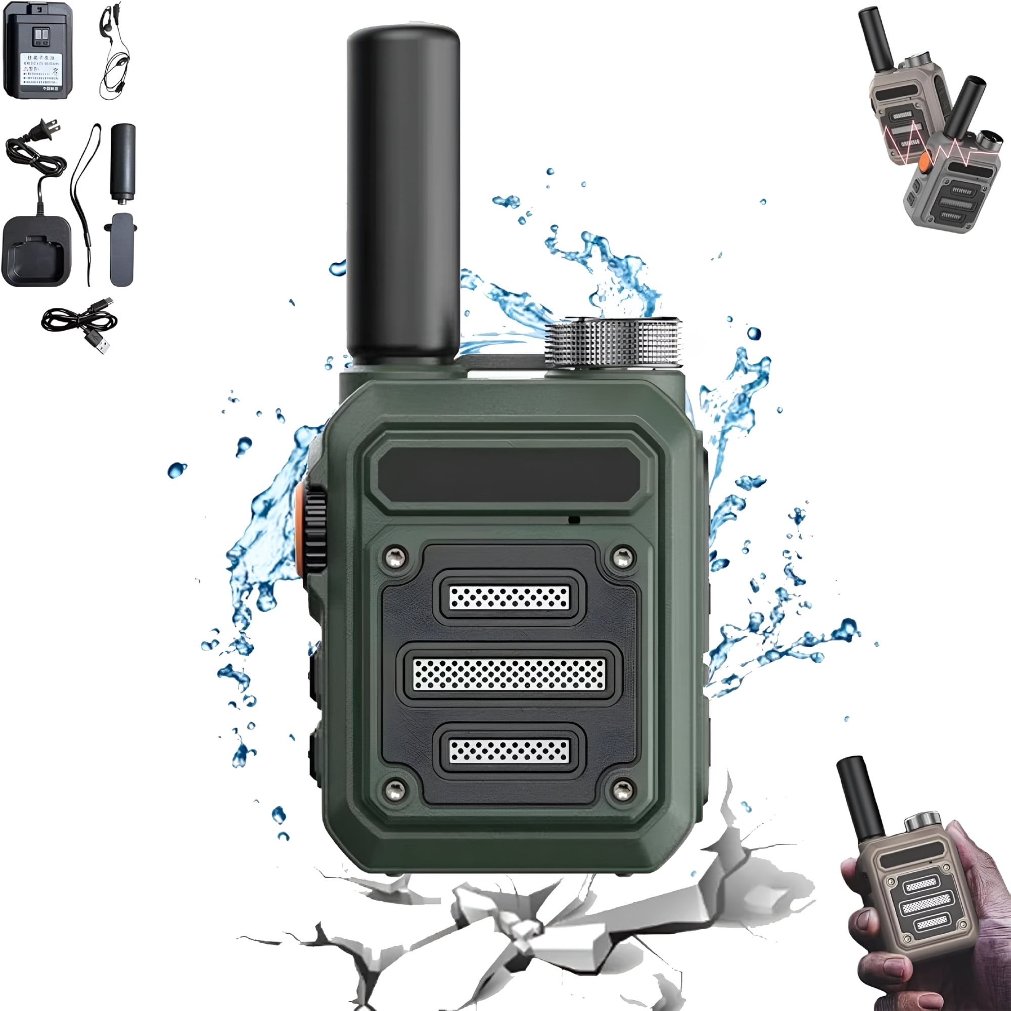 GJX Mini Walkie Talkies Rechargeable Waterproof Shock Resistant Two Way Radio with Long Range 6-Day Battery Life One-Click Frequency Matching Includes Earphones and Type-C Cable Military Green