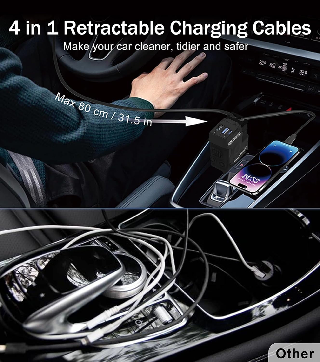 Retractable Car Charger, 4 in 1 Retractable Phone Charger with 66W Fast Charging, 2 Retractable Cables and 2 USB-C USB-A Port Compatible with iPhone 16/15/14/13/12/11,Samsung, Galaxy,Pixel (Black)