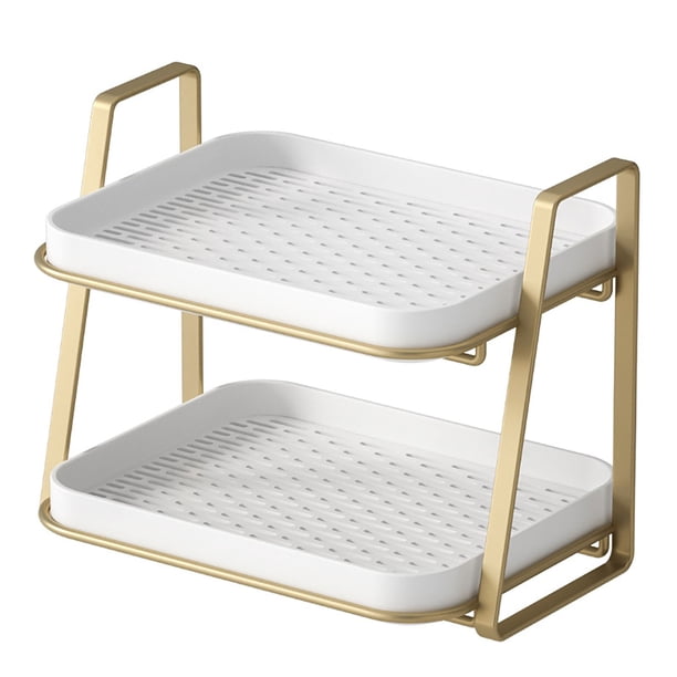 Escurreplatos de 2 niveles, bandeja blanca, estante seco, organizador de escritorio para cocina, estante de metal con bandeja de plástico
