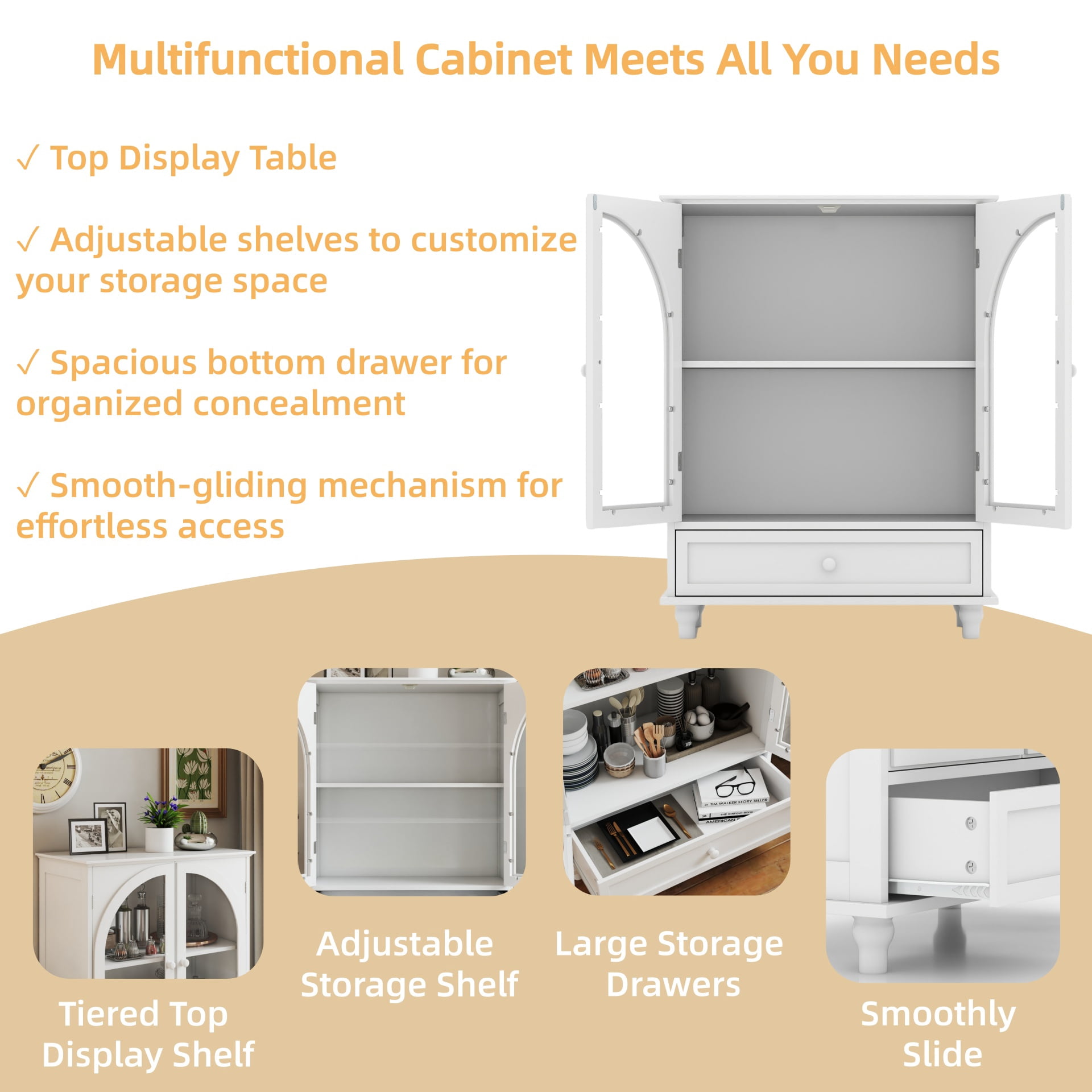 Aukfa Buffet Pantry Cabinet,Arched Glass Door Wood Sideboard Storage Cabinet for Dining Room Hallway Entryway,White