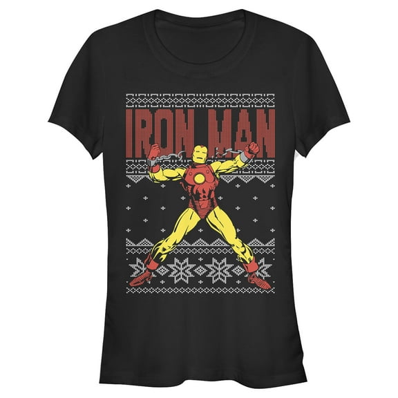 Junior's Marvel Ugly Christmas Iron Man Graphic Tee Black X Large