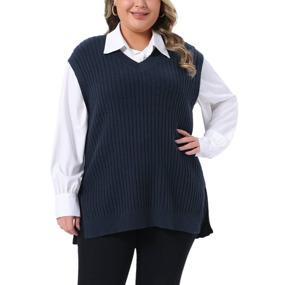 Agnes Orinda Women's Plus Size Sweater Vest Ribbed Knit V Neck Sleeveless Split Hem Casual Pullover Tank Tops 2X Dark Blue