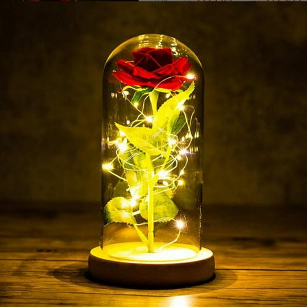 Romance inmortal, rosa eterna roja en cúpula de vidrio de borosilicato, flor de seda artificial con revestimiento de arcoíris y luces LED, crea una decoración acogedora e íntima para el hogar, regalo