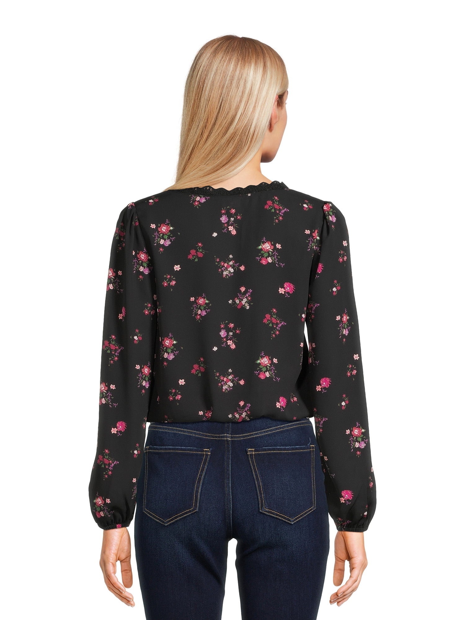 Self Esteem Juniors Square Neck Lace Trim Top with Long Sleeves, Sizes S-XL