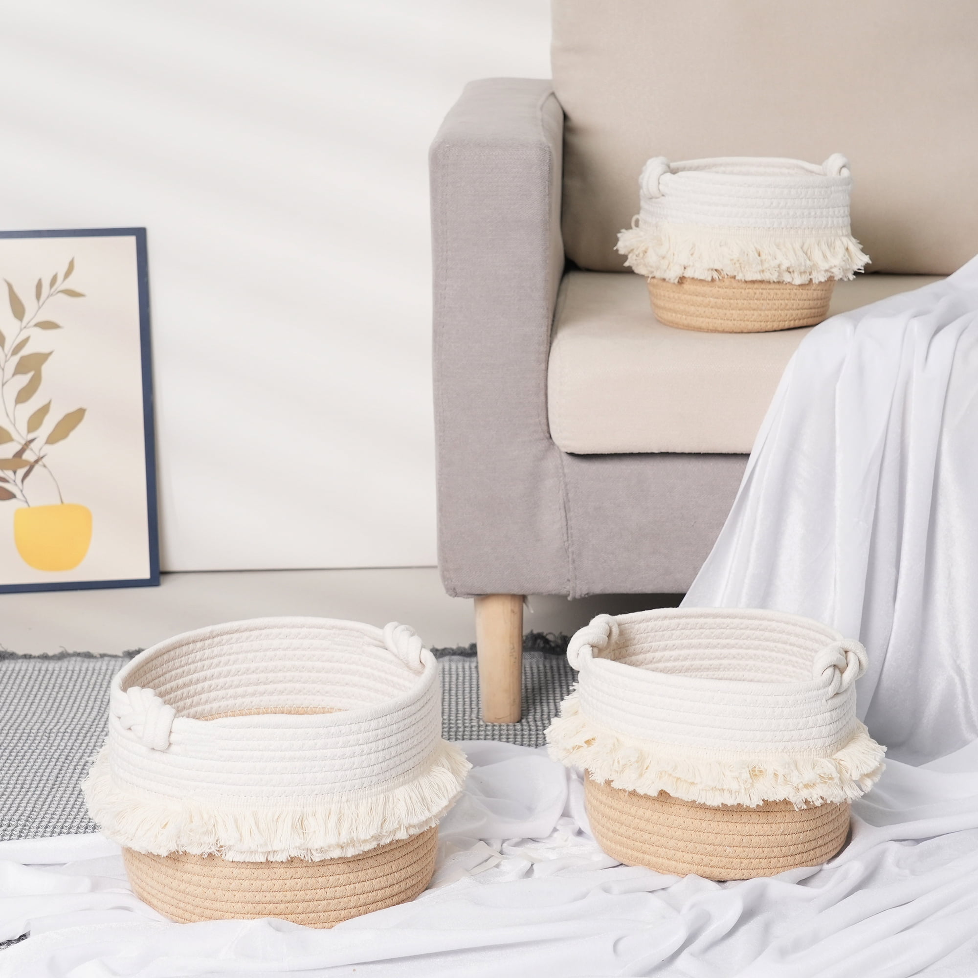 Unique Bargains 3 Pack Storage Basket Shelf Storage Bin Organizer Bin for Home White Brown