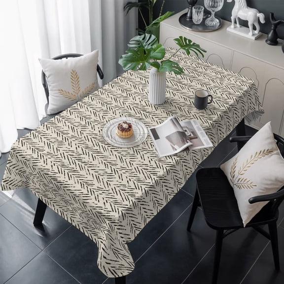 Beige Black Striped Table Cloth Waterproof Tablecloths, Abstract Modern Art Irregular Stripe Tablecloth Dining Table Cover for Kitchen Party Tabletop Outdoor, Rectangle Tablecloth 60x120 Inch