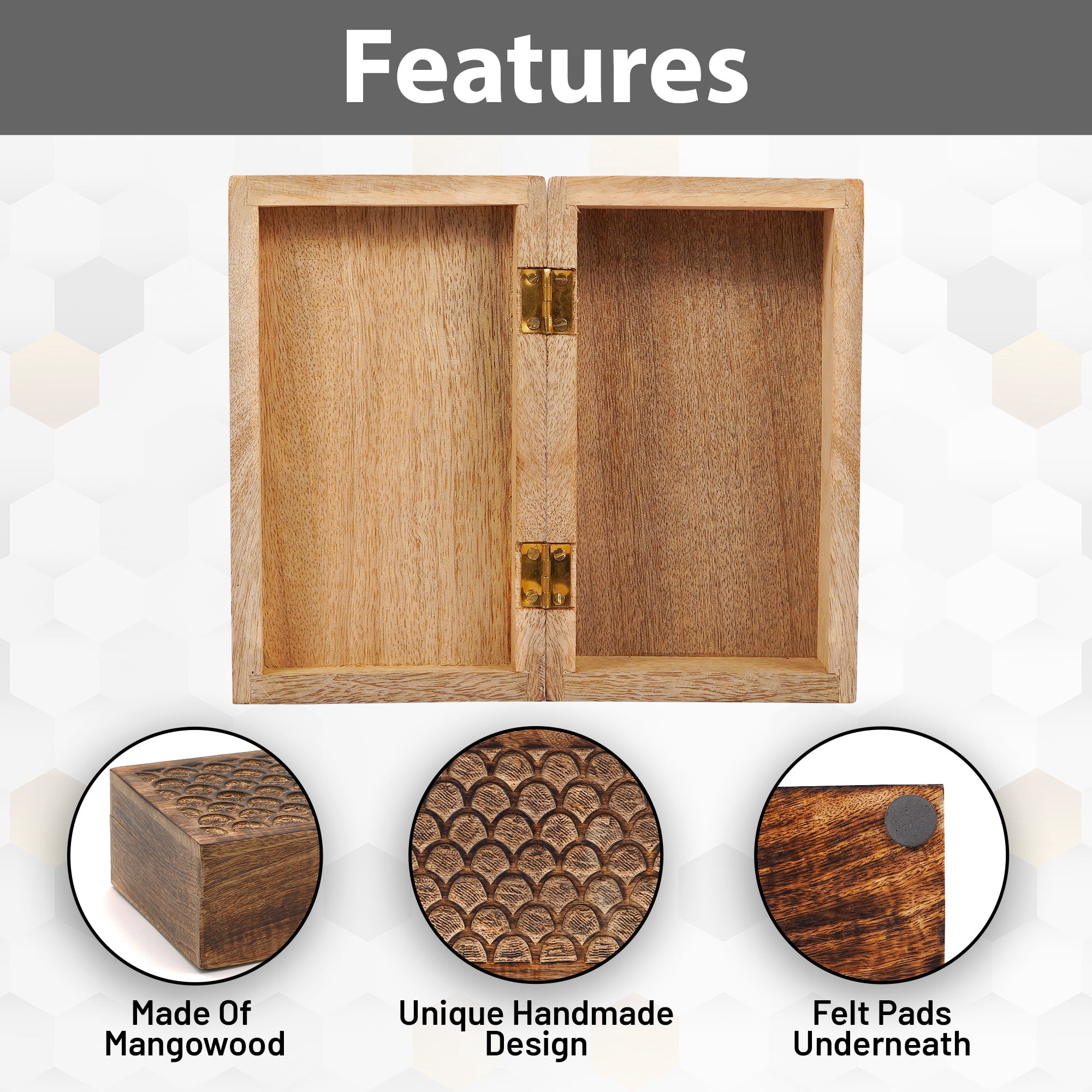 Carved Scallop Mango Wood Box with Lid, Medium Burnt Medium Wood Box, Handmade Decorative Box with Lid for Use As Memory Box, Keepsake Box, Photo Storage Box, and more, 7.5” x 4.5” x 3”