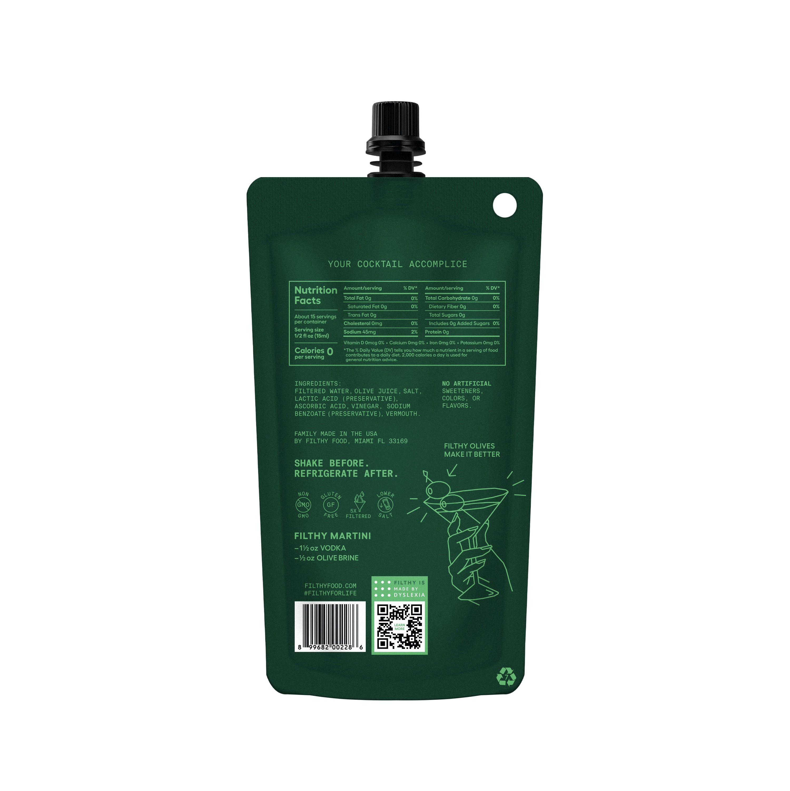 Filthy Olive Brine Premium Cocktail Mixer, 8oz Single Pouch