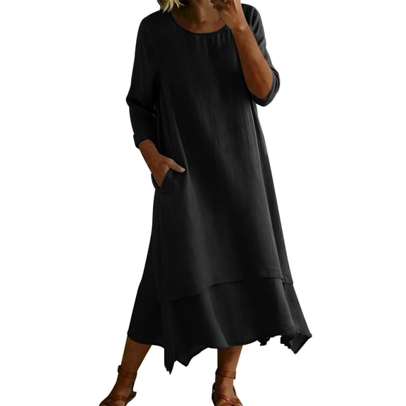 HAPIMO Round Neck Ruffle Asymmetric Maxi Dress Women Boho Dress for Beach Black L