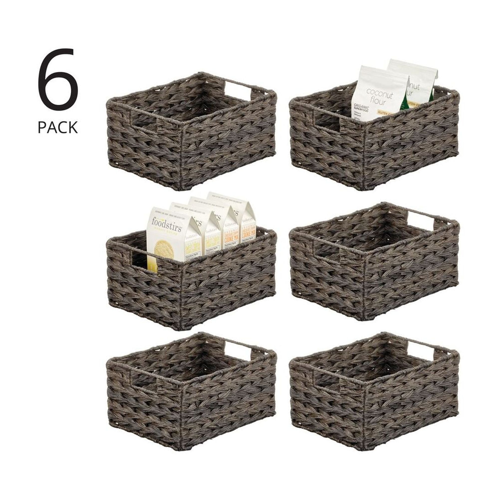 mDesign Woven Farmhouse Pantry Food Storage Bin Basket Box, 6 Pack, Dark Brown