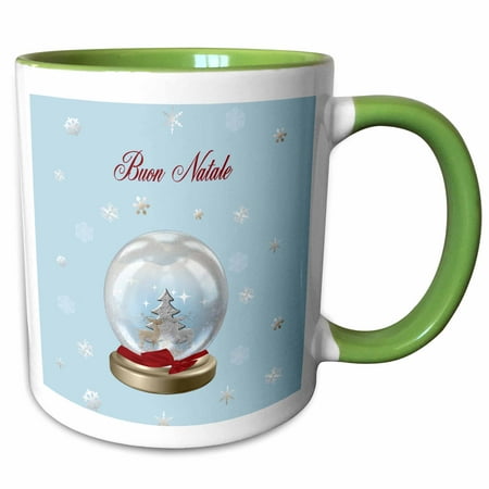 Merry Christmas In Italian Please 3dRose Snow Globe Deer, Tree and Snowflakes, Merry Christmas in Italian - Two Tone Green Mug, 11-ounce ()