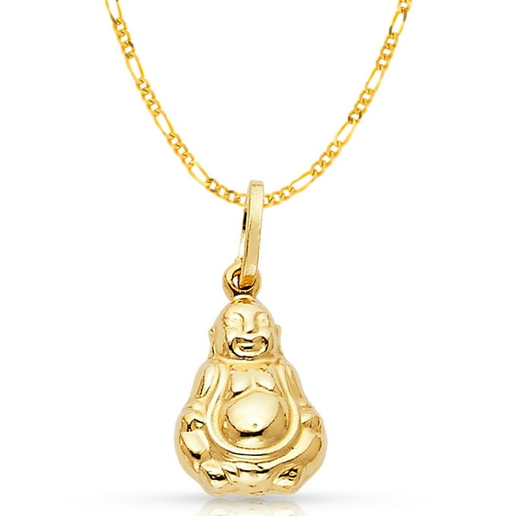 Ioka-14K Yellow Gold Plain Buddha Charm Pendant with 2mm Figaro 3+1 Chain Necklace - 16"