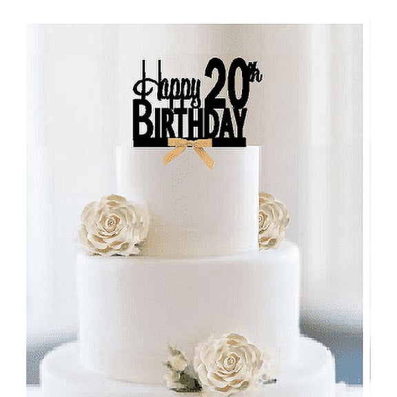 Item#020CTGR - Happy 20th Birthday Elegant Cake Decoration Topper with Gold Bow