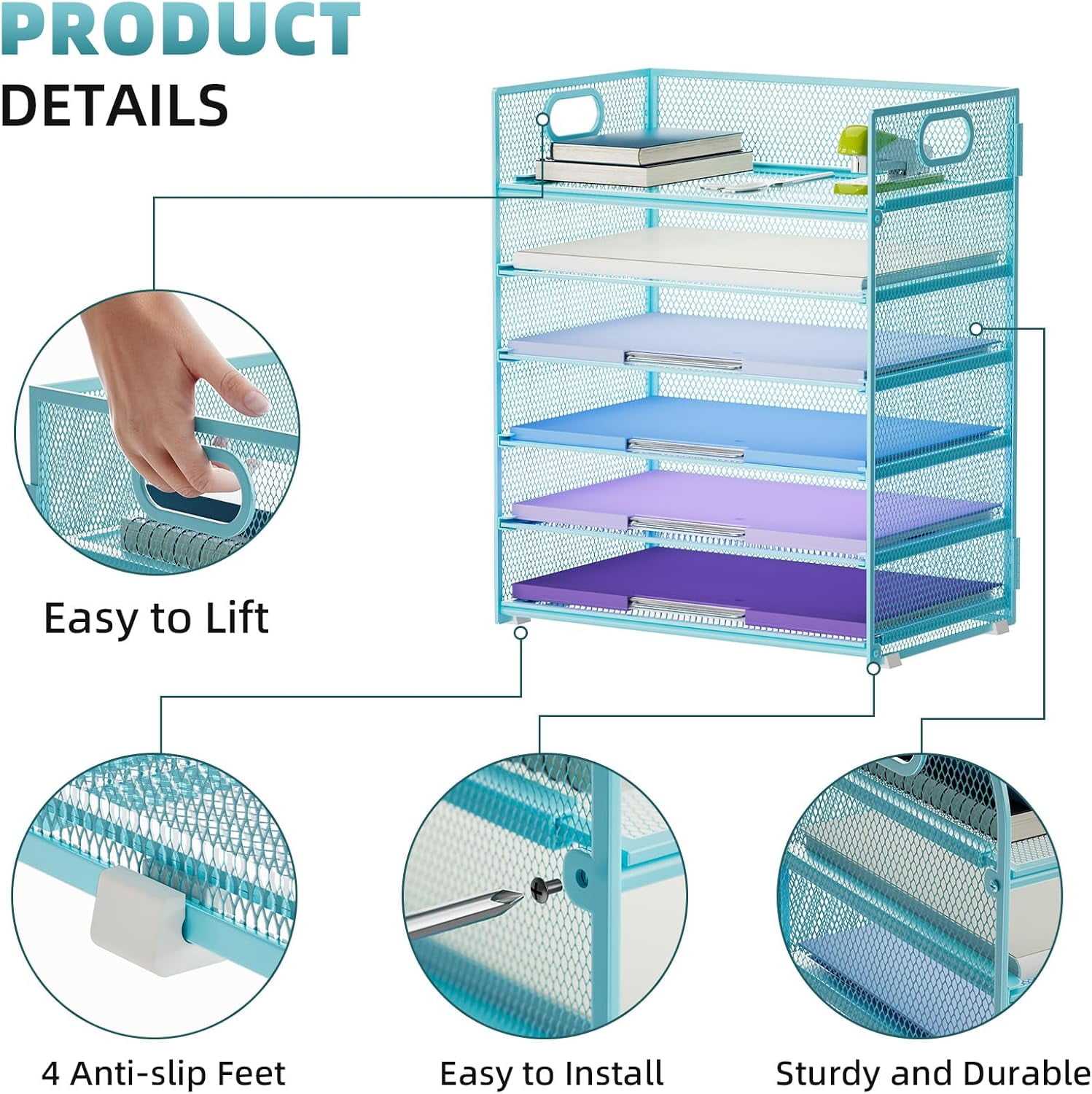 6 Tier Paper Organizer Letter Tray - Mesh Desk File Organizer with Handle, Paper Sorter for Letter/A4 Office File Folder Holder -Blue