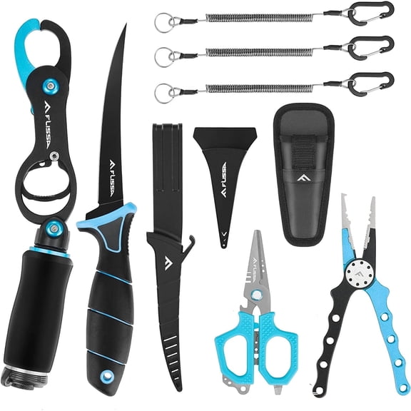 FLISSA Fishing Tool Kit with Fish Gripper, Scale, Fillet Knife, Pliers, Hook Remover & Scissors, Saltwater-Resistant Gear with Safety Coiled Lanyard